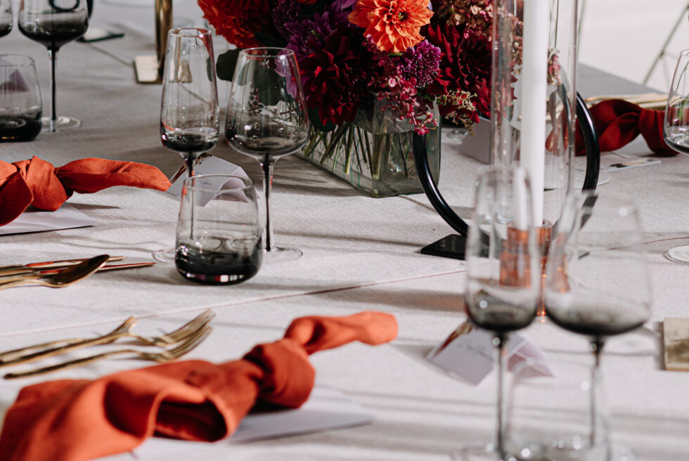 Featuring Lune glassware in Smoke, Burnt Orange linen napkins & Gold Gloss cutlery