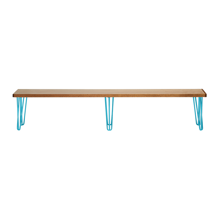 hairpin-bench-seat-teak-2.4×0.36-coffee-legs-peacock-blue