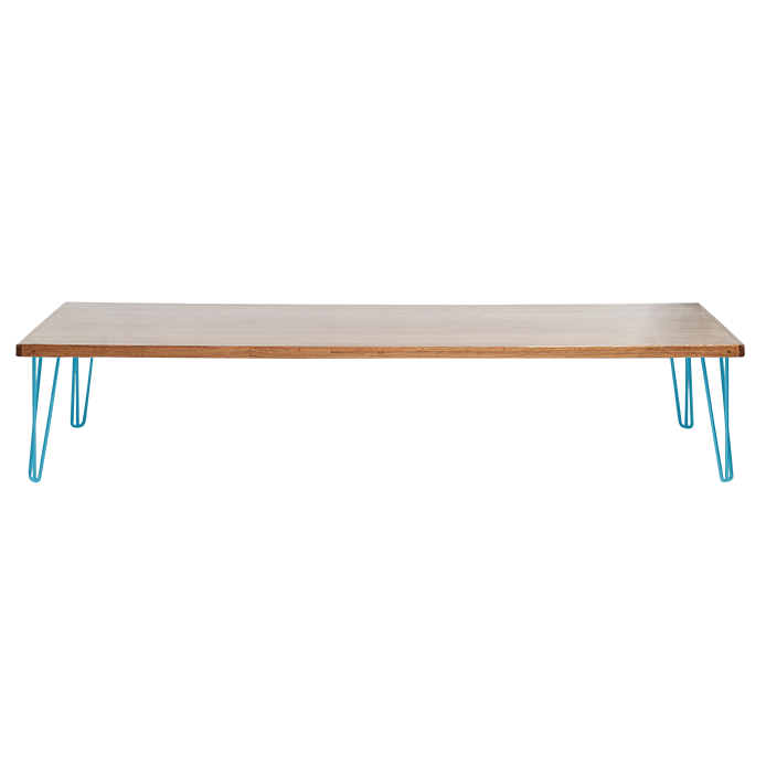 hairpin-coffee-table-240×105-teak-straight-peacock-blue-legs