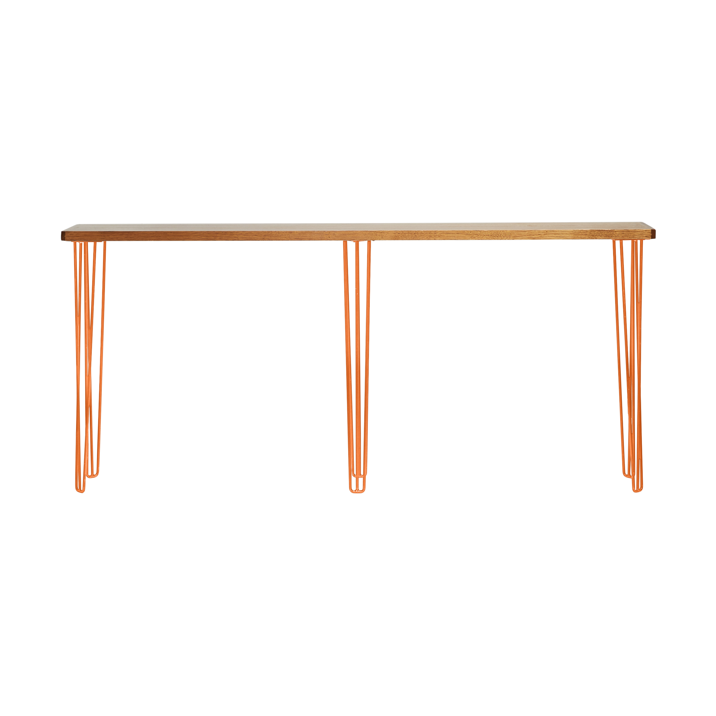 hairpin-bench-ledge-teak-2.4×0.36-bar-legs-orange-angle