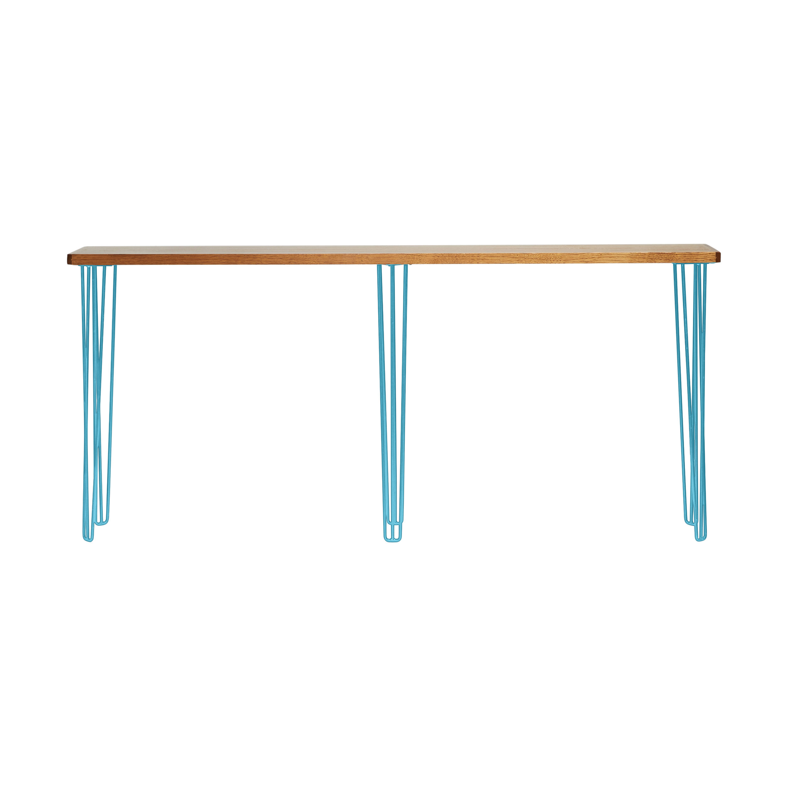 hairpin-bench-ledge-teak-2.4×0.36-bar-legs-peacock-blue-angle