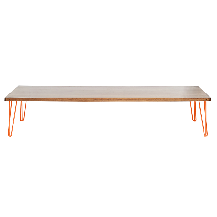 hairpin-coffee-table-240×105-teak-straight-orange-legs