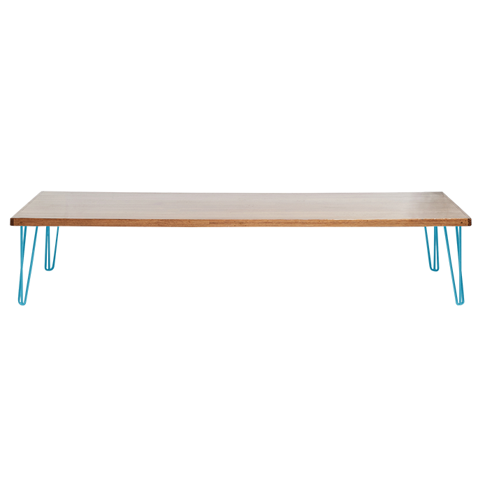 hairpin-coffee-table-240×105-teak-straight-peacock-blue-legs