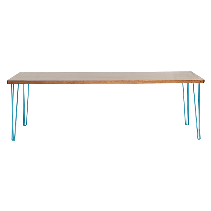 hairpin-dining-table-240×105-teak-straight-peacock-blue-legs